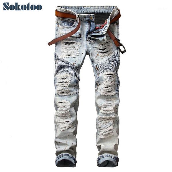 men's jeans sokotoo casual painted holes ripped biker for moto vintage light blue slim straight denim pants long trousers1
men's jeans sokotoo casual painted holes ripped biker for moto vintage light blue slim straight denim pants long trousers1