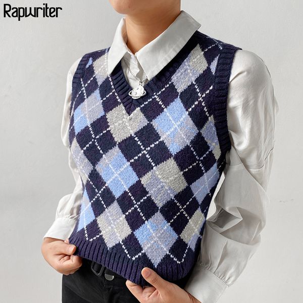england style argyle plaid knit sweater vest women sleeveless v neck crop casual autumn outwear clothes y2k femme 201123, White;black
england style argyle plaid knit sweater vest women sleeveless v neck crop casual autumn outwear clothes y2k femme 201123, White;black