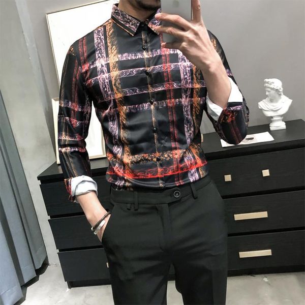men's casual shirts fashion 2021 spring colorful stripes print for men clothing simple all match slim fit club tuxedo blouse homme, White;black
men's casual shirts fashion 2021 spring colorful stripes print for men clothing simple all match slim fit club tuxedo blouse homme, White;black