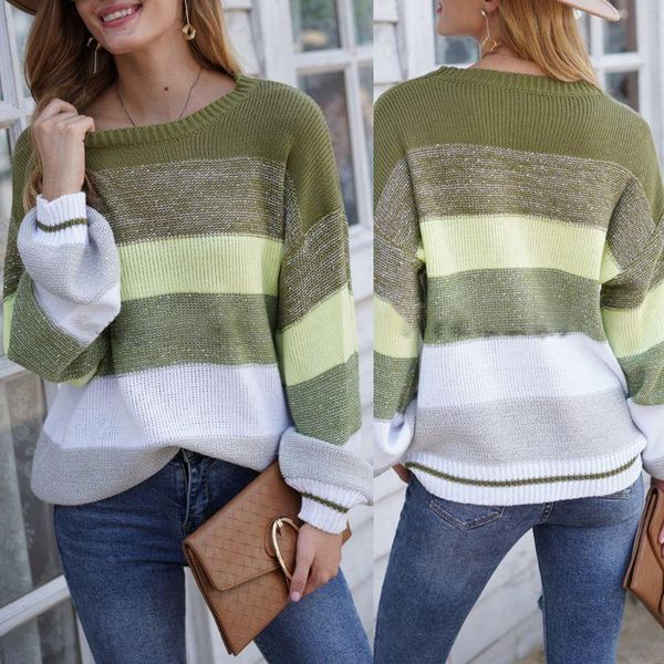 women long sleeve o-neck sweater glitter sequined striped knit loose jumper, White;black
women long sleeve o-neck sweater glitter sequined striped knit loose jumper, White;black
