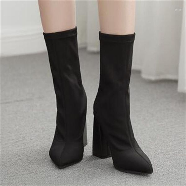 dress shoes women's high heels stretch fabric slip on square heel 11.5cm pointed toe boots medium boots1, Black