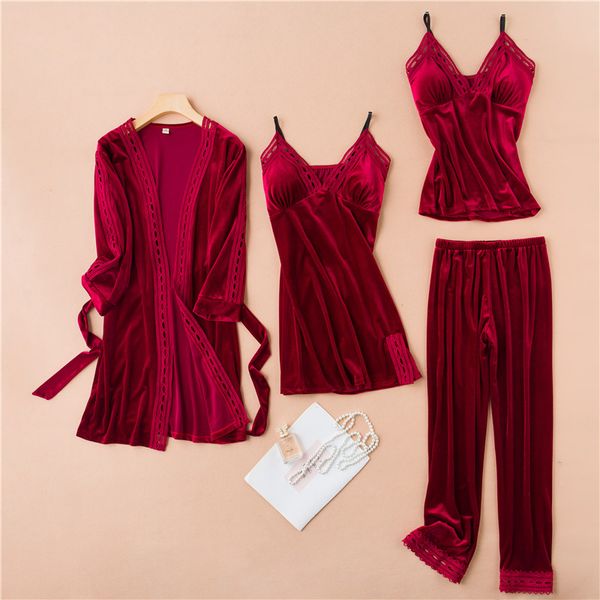 velour women 4pcs pajamas set autumn velvet sleepwear nightgown casual kimono bath gown sleep set homewear bride wedding robe, Black;red
velour women 4pcs pajamas set autumn velvet sleepwear nightgown casual kimono bath gown sleep set homewear bride wedding robe, Black;red