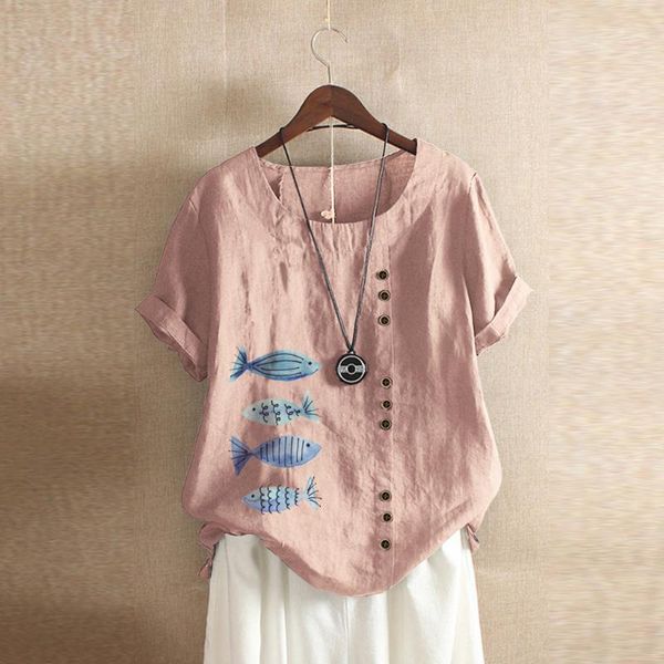 women blouse ladies summer fashion casual buttons o-neck short sleeve floral print cotton linen vintage plus size m140#, White
women blouse ladies summer fashion casual buttons o-neck short sleeve floral print cotton linen vintage plus size m140#, White