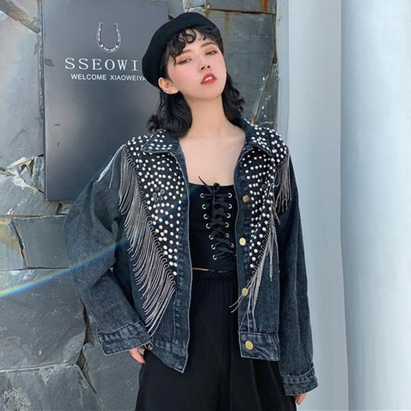 2020 autumn streetwear denim jacket for women hand-studded rivet tassel chain short jeans coats woman loose black jacket coat1, Black;brown
2020 autumn streetwear denim jacket for women hand-studded rivet tassel chain short jeans coats woman loose black jacket coat1, Black;brown