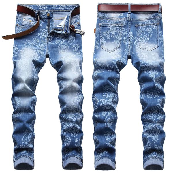 men's digital direct printing color dial pattern spray monkey slim elastic small straight jeans, Blue
men's digital direct printing color dial pattern spray monkey slim elastic small straight jeans, Blue