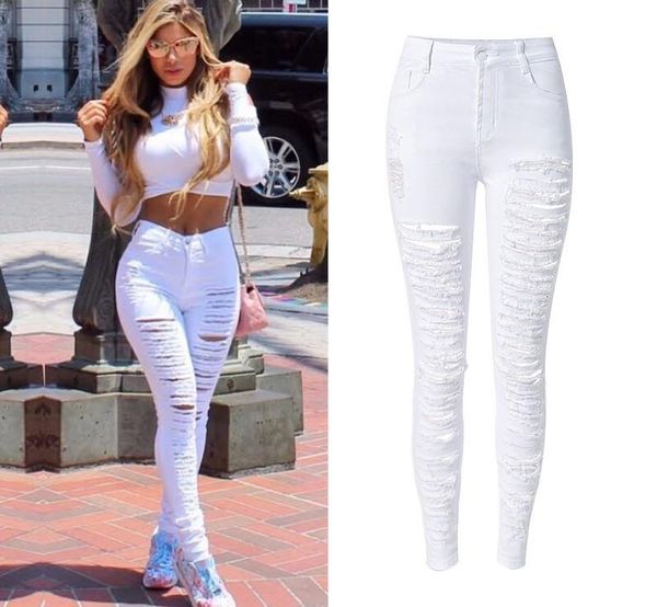 style women high waist white denim pants woman pencil popular street stylish personality plus size ripped holes skinny jeans, Blue
style women high waist white denim pants woman pencil popular street stylish personality plus size ripped holes skinny jeans, Blue