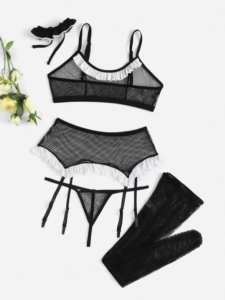 5pack plus frill trim fishnet maid costume with stockings t6ib#, Black;white
5pack plus frill trim fishnet maid costume with stockings t6ib#, Black;white