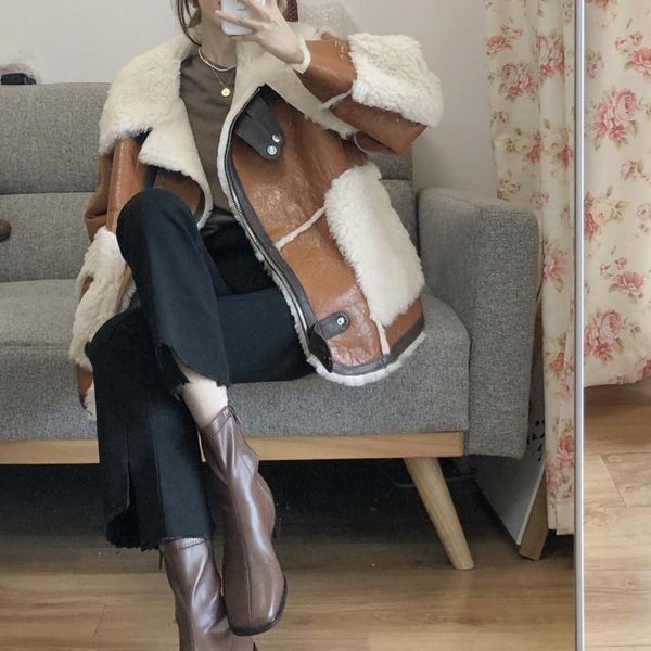 women's fur & faux women 2021 autumn winter fashion lambswool coat female casual loose warm outwear artificial leather jacket s620, Black
women's fur & faux women 2021 autumn winter fashion lambswool coat female casual loose warm outwear artificial leather jacket s620, Black
