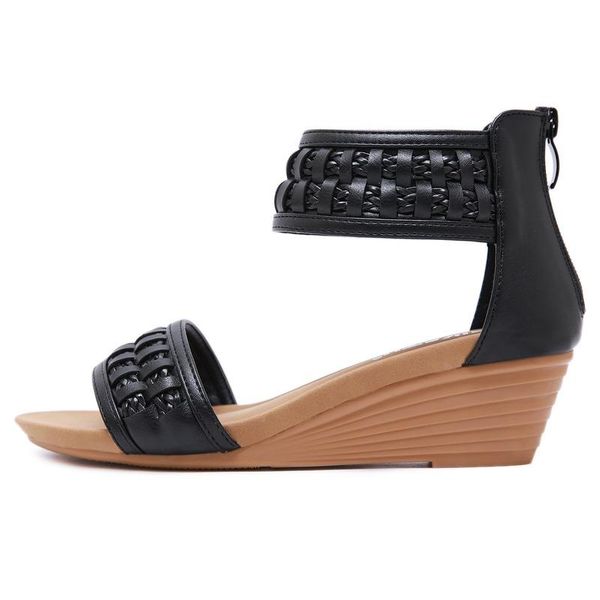 new shoes woman wedge 4.5cm sandals pu back zipper rome style women's sandals weaving wedge comfortable roman shoes 2021, Black