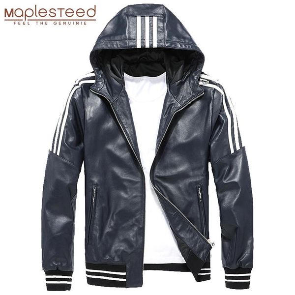 men leather jacket hood 100% natural sheepskin white stripes blue black real leather jackets boy skin coat hooded autumn m183
men leather jacket hood 100% natural sheepskin white stripes blue black real leather jackets boy skin coat hooded autumn m183