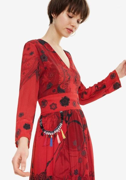 spain deg spring and autumn red print dress1, Black;gray