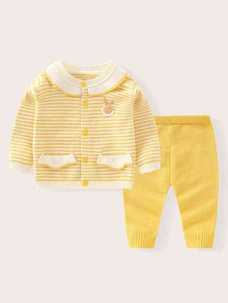 baby stripe pattern cartoon patched cardigan & knit pants she, White
baby stripe pattern cartoon patched cardigan & knit pants she, White