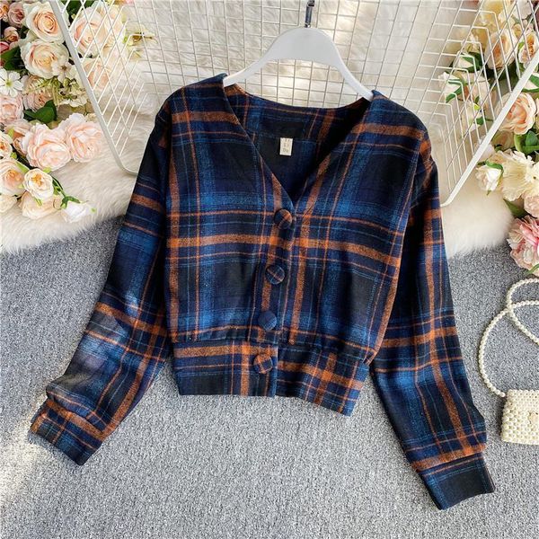 women autumn winter new blouse japan korean long-sleeved v-neck shirt single breast retro cute plaid short female gx1074, White
women autumn winter new blouse japan korean long-sleeved v-neck shirt single breast retro cute plaid short female gx1074, White