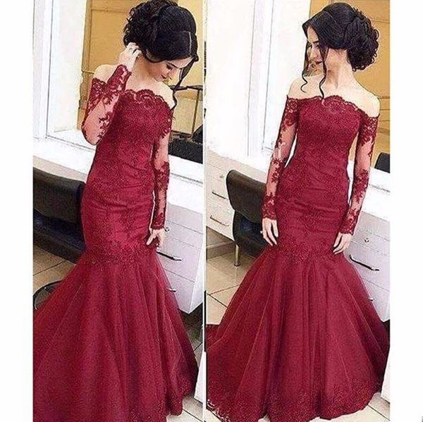burgundy mermaid prom dresses off the shoulder lace bodice with long sleeve evening dresses vestido de festa, Black
burgundy mermaid prom dresses off the shoulder lace bodice with long sleeve evening dresses vestido de festa, Black
