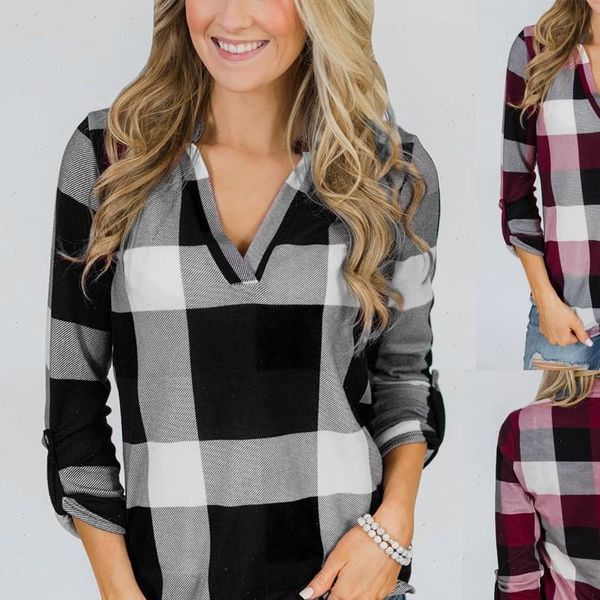 fashion casual plaid blouse shirt women roll up long sleeve v neck blouse ladies loose button lattice work wear, White
fashion casual plaid blouse shirt women roll up long sleeve v neck blouse ladies loose button lattice work wear, White