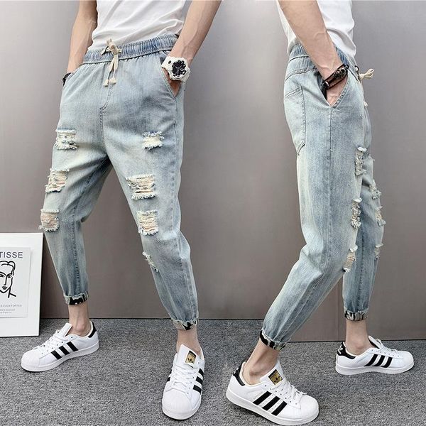 spring and summer retro teenagers denim jeans men's ripped hole leg pants slim elastic waist pants 2020 boys casual foot, Blue
spring and summer retro teenagers denim jeans men's ripped hole leg pants slim elastic waist pants 2020 boys casual foot, Blue