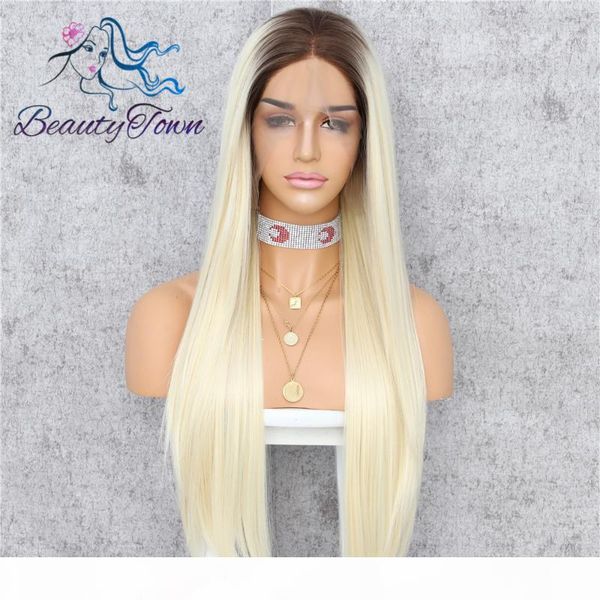 beautytown brown root ombre blonde high temperature fiber glueless dragqueen daily makeup wedding party synthetic front lace wig, Black 
beautytown brown root ombre blonde high temperature fiber glueless dragqueen daily makeup wedding party synthetic front lace wig, Black