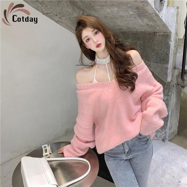 women's sweaters cotday winter hanging neck high street strapless pink v-neck thin gentle and lazy wind women knitting pullover sweater, White;black
women's sweaters cotday winter hanging neck high street strapless pink v-neck thin gentle and lazy wind women knitting pullover sweater, White;black