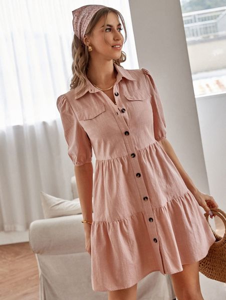 solid button up smock dress d7g9#, Black;gray