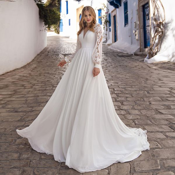 2021 new boho wedding long sleeves scoop neck sweep train a line chiffon bridal gown custom vestido de noiva plus size 533j, White
2021 new boho wedding long sleeves scoop neck sweep train a line chiffon bridal gown custom vestido de noiva plus size 533j, White
