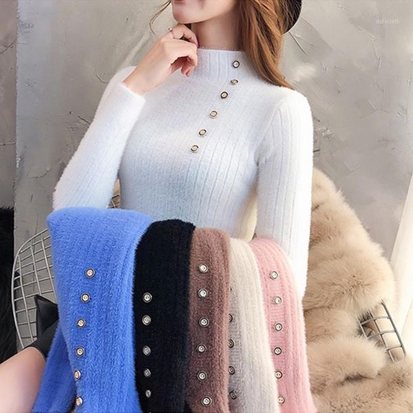 fall winter half turtleneck sweater button soft mink velvet slim warm women knitted pullover ladies casual jumper pull femme1, White;black
fall winter half turtleneck sweater button soft mink velvet slim warm women knitted pullover ladies casual jumper pull femme1, White;black