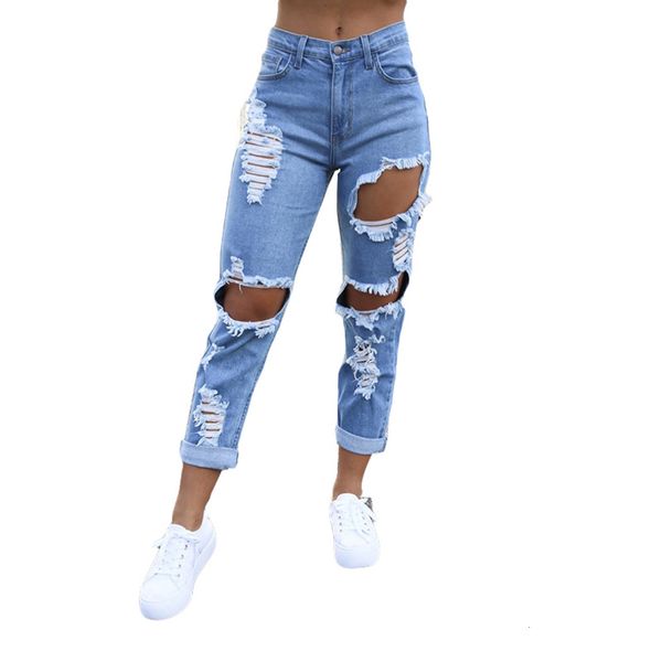 women's slim straight casual pierced jeans burnt flower personality street horn pencil pants, Blue
women's slim straight casual pierced jeans burnt flower personality street horn pencil pants, Blue