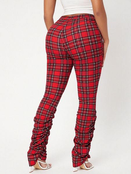 sxy tartan print ruched pants f6qt#, Black;white
