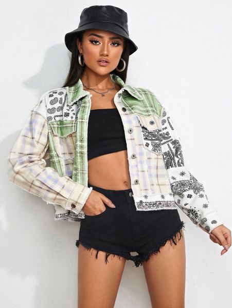 plaid paisley print raw trim jacket c4nm#, Black;brown