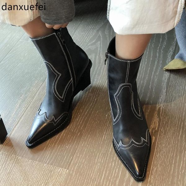 women's genuine leather wedge pointed toe autumn ankle boots sewing punk motorcycle boots comfortable shoes women1, Black
women's genuine leather wedge pointed toe autumn ankle boots sewing punk motorcycle boots comfortable shoes women1, Black
