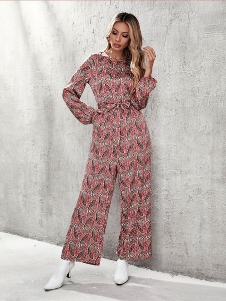 paisley print belted wide leg jumpsuit s8n1#, White