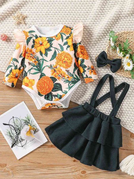 baby floral print ruffle trim bodysuit & pinafore skirt & headband she, Blue
baby floral print ruffle trim bodysuit & pinafore skirt & headband she, Blue