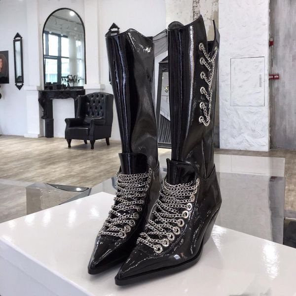 new winter shoes woman patent leather knee high boots woman western boots pointed toes wedges botas mujer, Black
new winter shoes woman patent leather knee high boots woman western boots pointed toes wedges botas mujer, Black