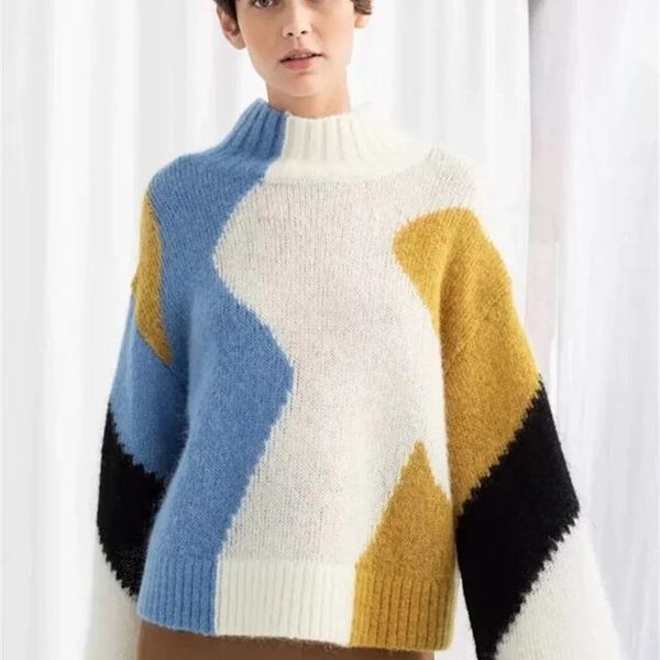 women sweater fall winter new wool blend contrast wide sleeve sweater 201017, White;black
women sweater fall winter new wool blend contrast wide sleeve sweater 201017, White;black