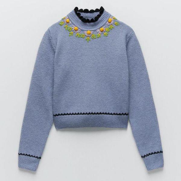 women's sweaters blue half high neck embroidery spring and autumn long-sleeved pullover sweater beaded embroidered, White;black
women's sweaters blue half high neck embroidery spring and autumn long-sleeved pullover sweater beaded embroidered, White;black