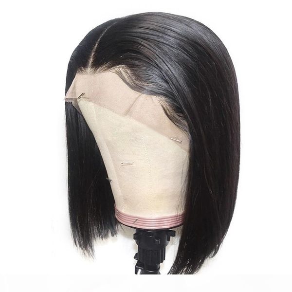 13x4 lace front human hair wigs straight short bob wig for women natural black remy brazilian bleached knots, Black;brown