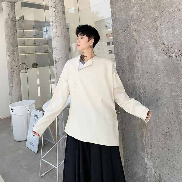 men long sleeve asymmetric collar loose casual pullover shirt male japan streetwear hip hop couple shirts stage show costumes1, White;black 
men long sleeve asymmetric collar loose casual pullover shirt male japan streetwear hip hop couple shirts stage show costumes1, White;black
