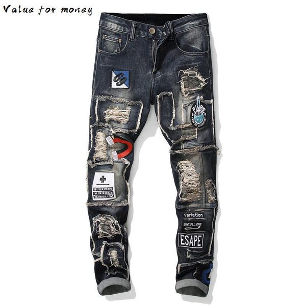 patchwork badge men's ripped embroidered stretch jeans trendy holes patches design slim straight denim pants, Blue
patchwork badge men's ripped embroidered stretch jeans trendy holes patches design slim straight denim pants, Blue
