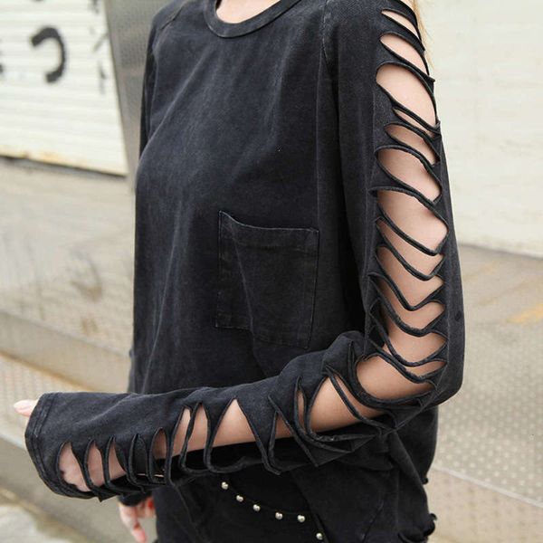 wash punk style tattered tassel personalized cotton women's t-shirt trend, Black;gray
wash punk style tattered tassel personalized cotton women's t-shirt trend, Black;gray