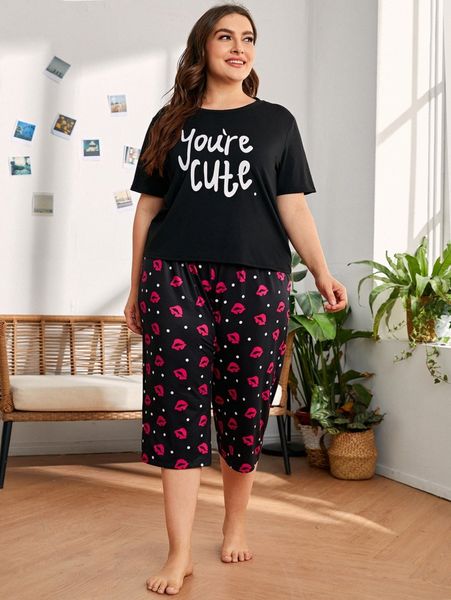 plus slogan & lip print pajama set d79i#, Black;white