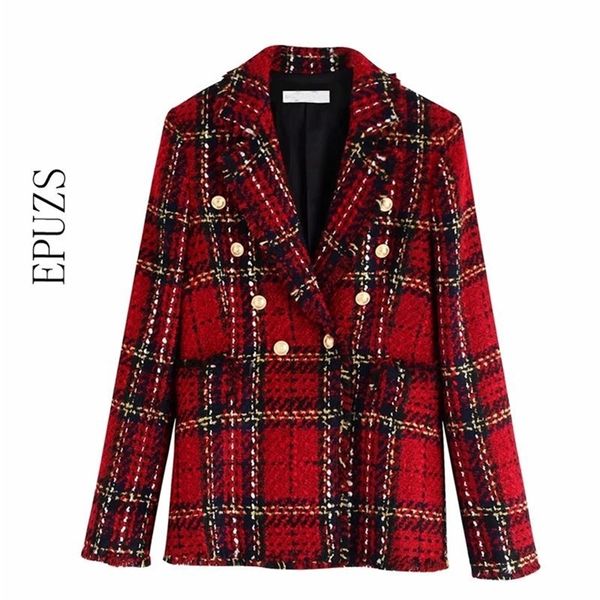 vintage double breasted tweed women notched collar long sleeve plaid blazer coat spring casual office suit jacket y201026, White;black
vintage double breasted tweed women notched collar long sleeve plaid blazer coat spring casual office suit jacket y201026, White;black