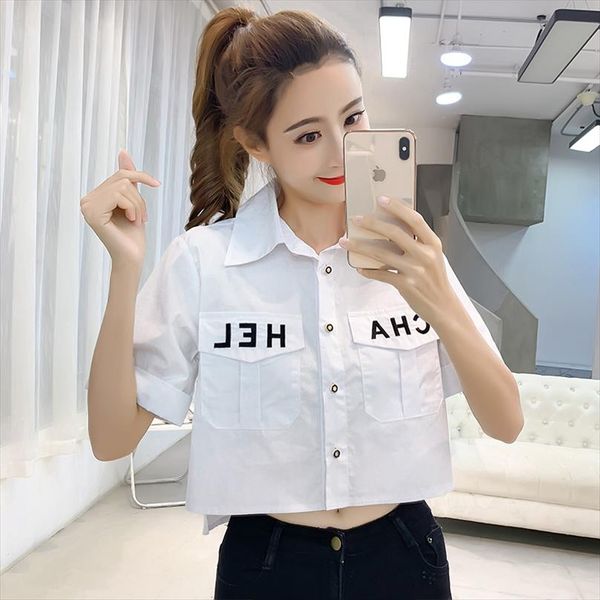 2020 new pocket women shirts brief loose korean camis single breasted short sleeve fashion letter casual shirt, White
2020 new pocket women shirts brief loose korean camis single breasted short sleeve fashion letter casual shirt, White