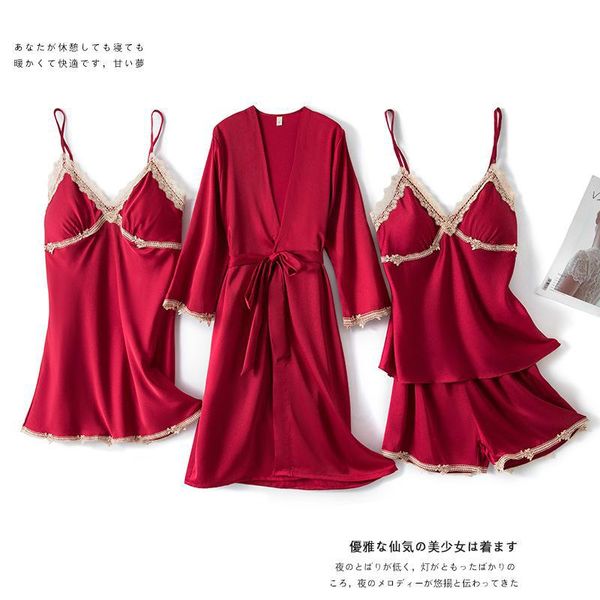 women 4pcs pajamas set casual satin sleepwear nightwear nightwear sleep set spring autumn new pijamas intimate lingerie, Black;red
women 4pcs pajamas set casual satin sleepwear nightwear nightwear sleep set spring autumn new pijamas intimate lingerie, Black;red