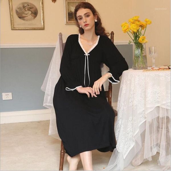 2021 modal full sleeves calf-length night dress v-neck female nightgown black home wear sweet laciness nightie for girls1, Black;red
2021 modal full sleeves calf-length night dress v-neck female nightgown black home wear sweet laciness nightie for girls1, Black;red