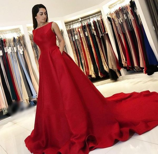 scoop neck satin evening dresses 2020 with pockets court train plus size a line formal prom party gowns, Black;red
scoop neck satin evening dresses 2020 with pockets court train plus size a line formal prom party gowns, Black;red