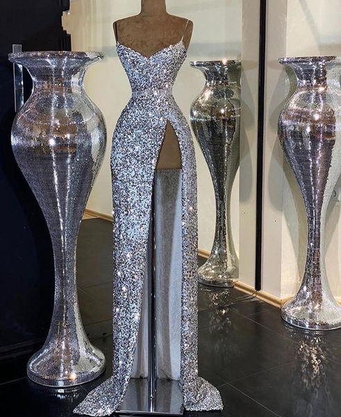 long elegant evening dresses 2021 simple spaghetti strap high side slit silver sequin african women formal party night gowns, Black;red
long elegant evening dresses 2021 simple spaghetti strap high side slit silver sequin african women formal party night gowns, Black;red