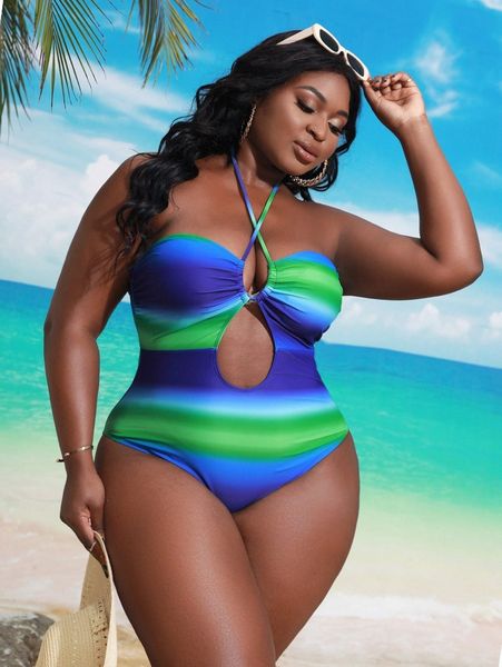 plus striped drawstring halter one piece swimsuit w2nh#, Black 
plus striped drawstring halter one piece swimsuit w2nh#, Black