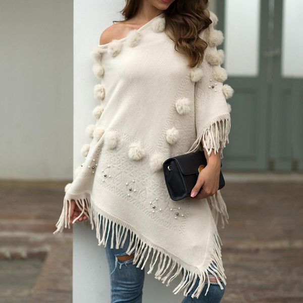 casual sweater cape pullovers tassel poncho sweater o neck solid hairball cloak loose shawl female jumper autumn invierno coat, White;black
casual sweater cape pullovers tassel poncho sweater o neck solid hairball cloak loose shawl female jumper autumn invierno coat, White;black
