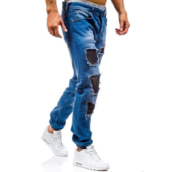 men's jeans foreign trade men water wash hole trousers mid waist trend 2 colours, Blue
men's jeans foreign trade men water wash hole trousers mid waist trend 2 colours, Blue
