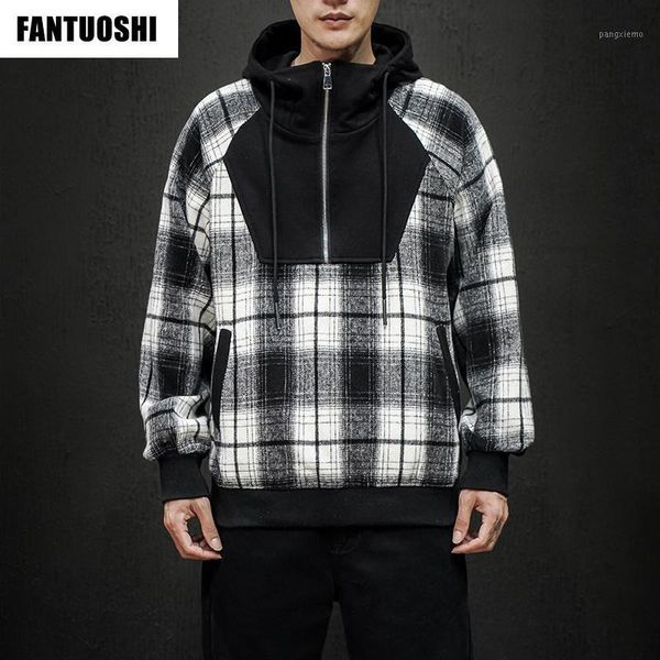 2020 autumn and winter new casual plaid loose hoodie sweater jacket stitching fashion large size half-zip sweater, Black 
2020 autumn and winter new casual plaid loose hoodie sweater jacket stitching fashion large size half-zip sweater, Black