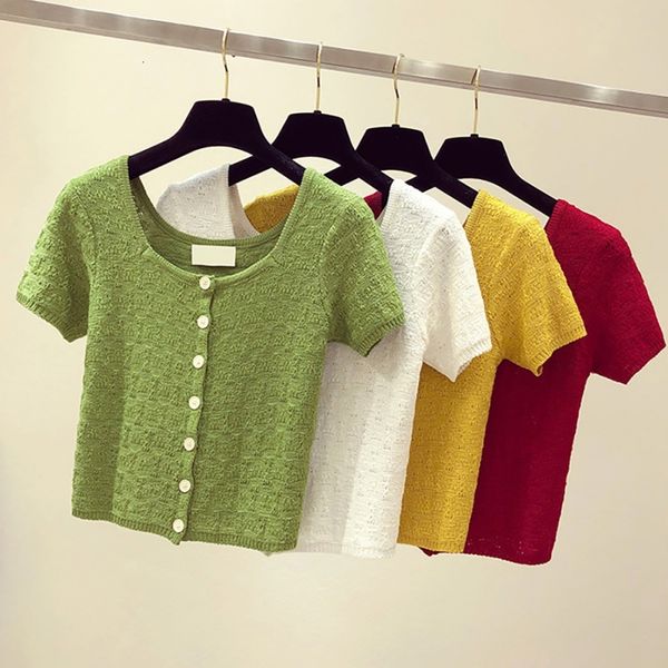 summer knitted hollow out women's solid tshirt short sleeve thin small square collar button ladies t-shirt streetwear, White
summer knitted hollow out women's solid tshirt short sleeve thin small square collar button ladies t-shirt streetwear, White